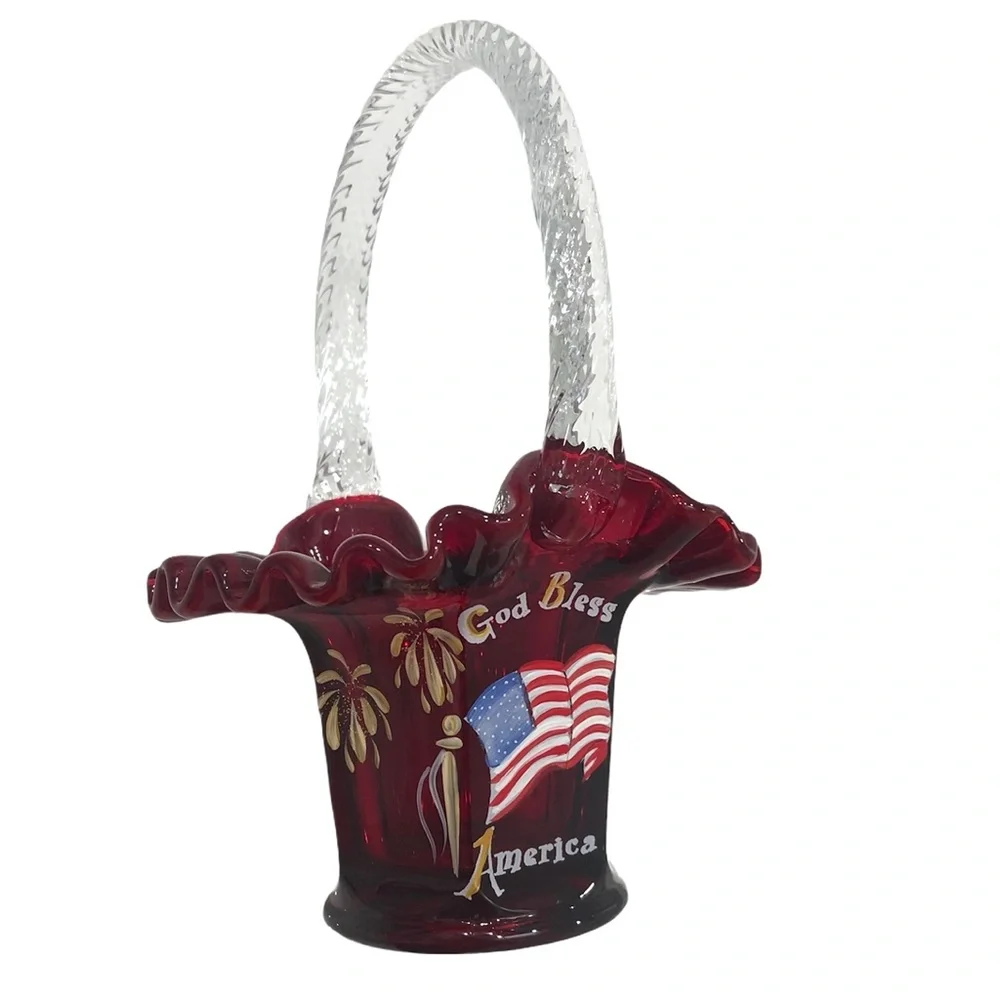 FENTON GOD BLESS AMERICA HAND PAINTED PATRIOTIC RED GLASS BASKET